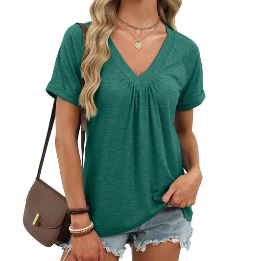 Pleated V Neck Short Sleeve Top