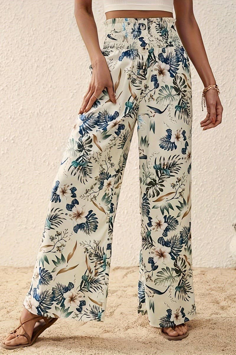 Leafy Print Wide Leg Pants