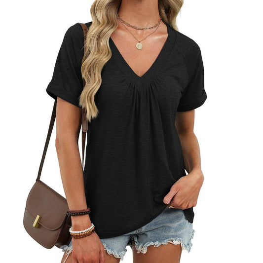 Pleated V Neck Short Sleeve Top