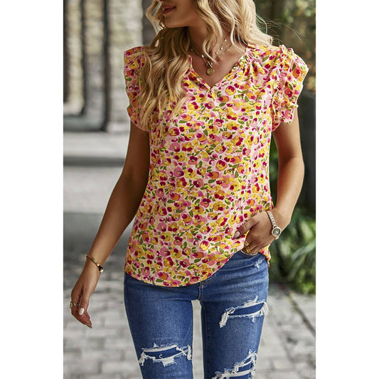 Floral V Neck Flutter Sleeve Top