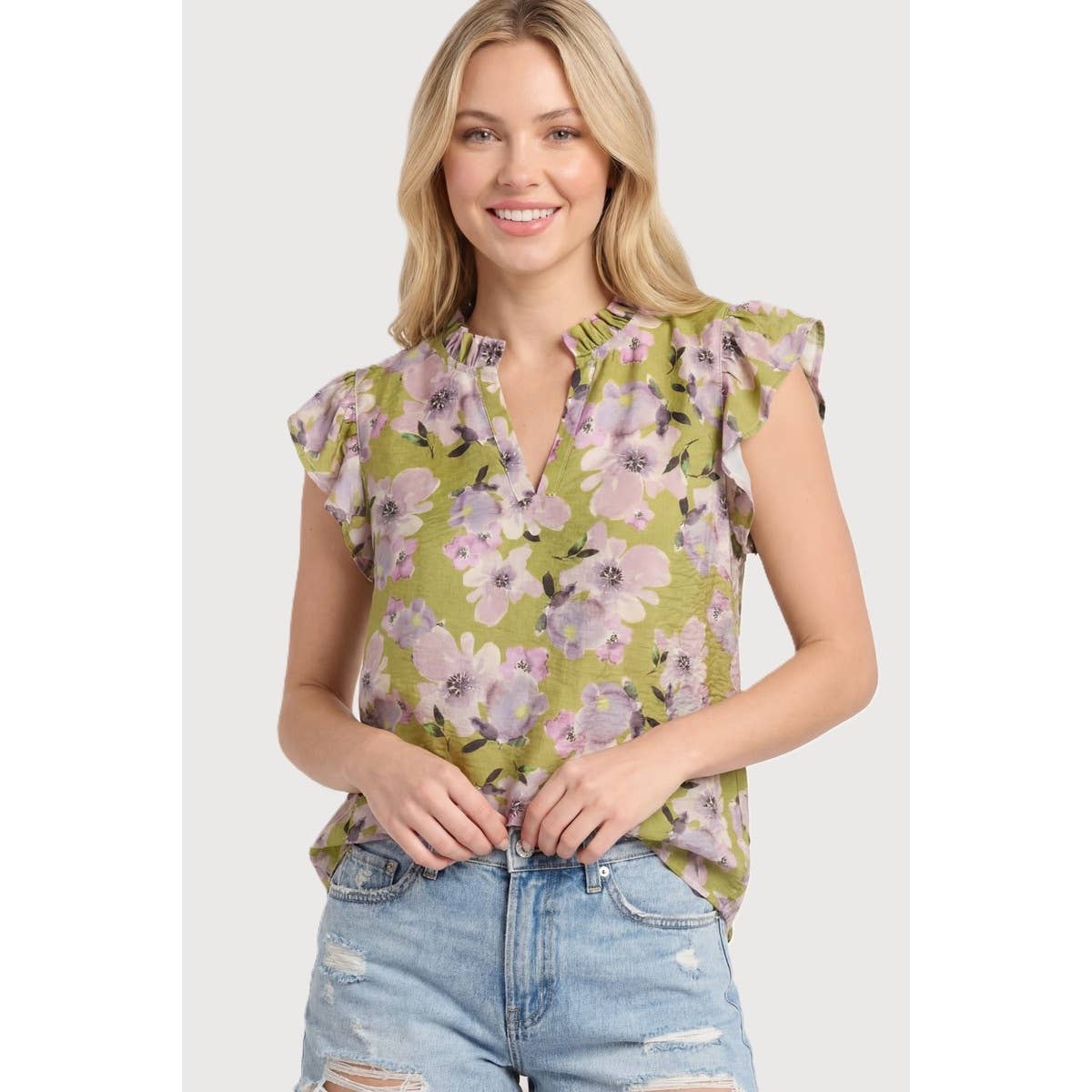 Frilled Split Neck Printed Top