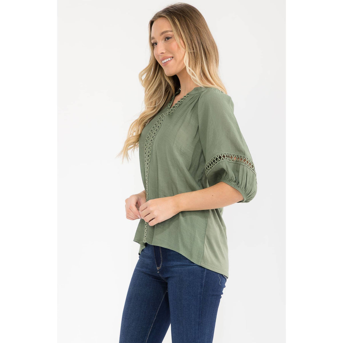 Gauze Split Neck Peasant Top