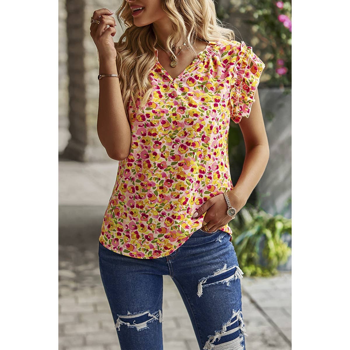 Floral V Neck Flutter Sleeve Top