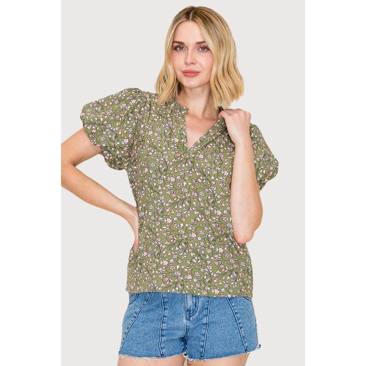 Frilled Split Neck Floral Top