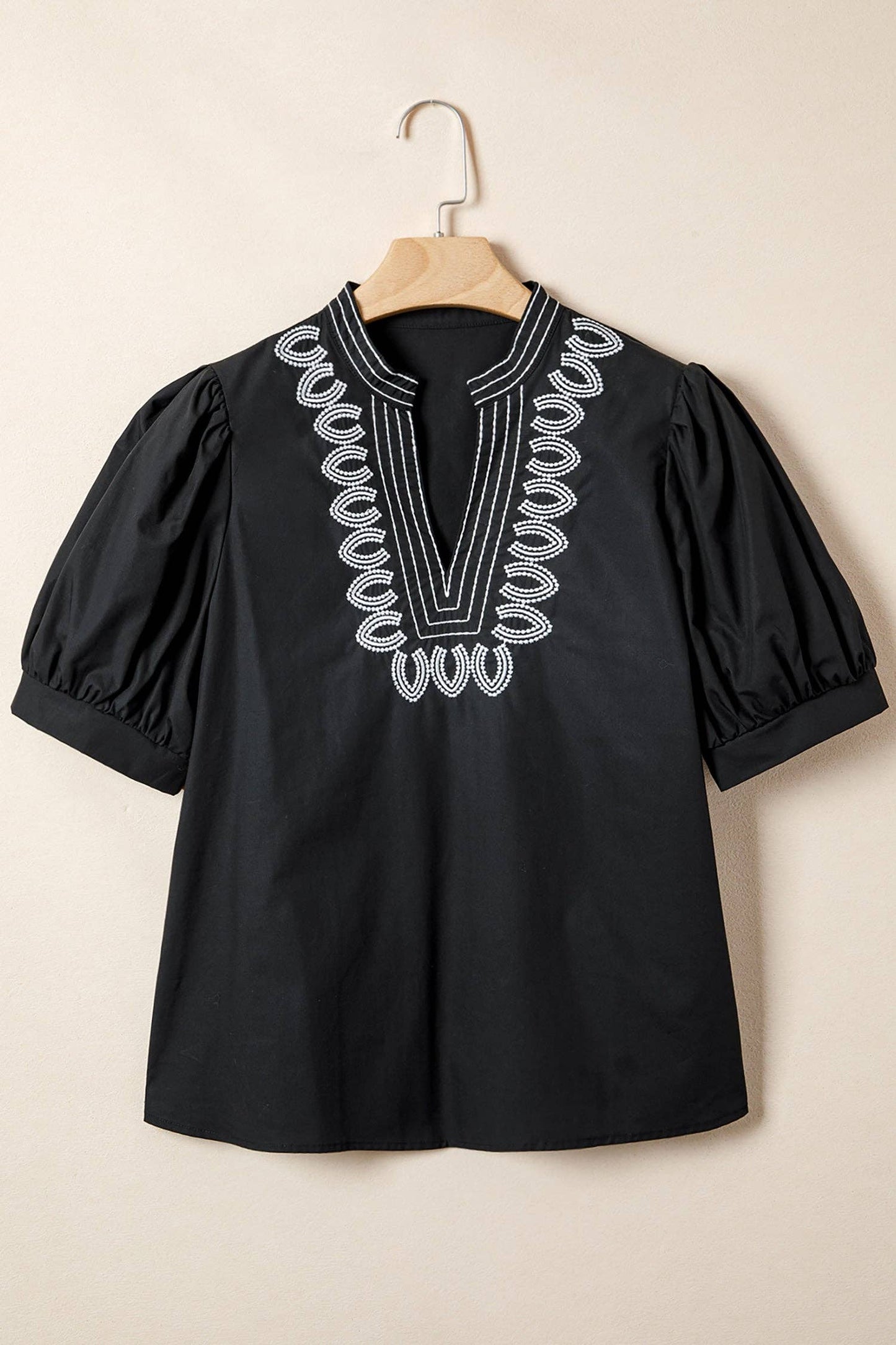 Embroidered V Neck Short Puff Sleeve Top
