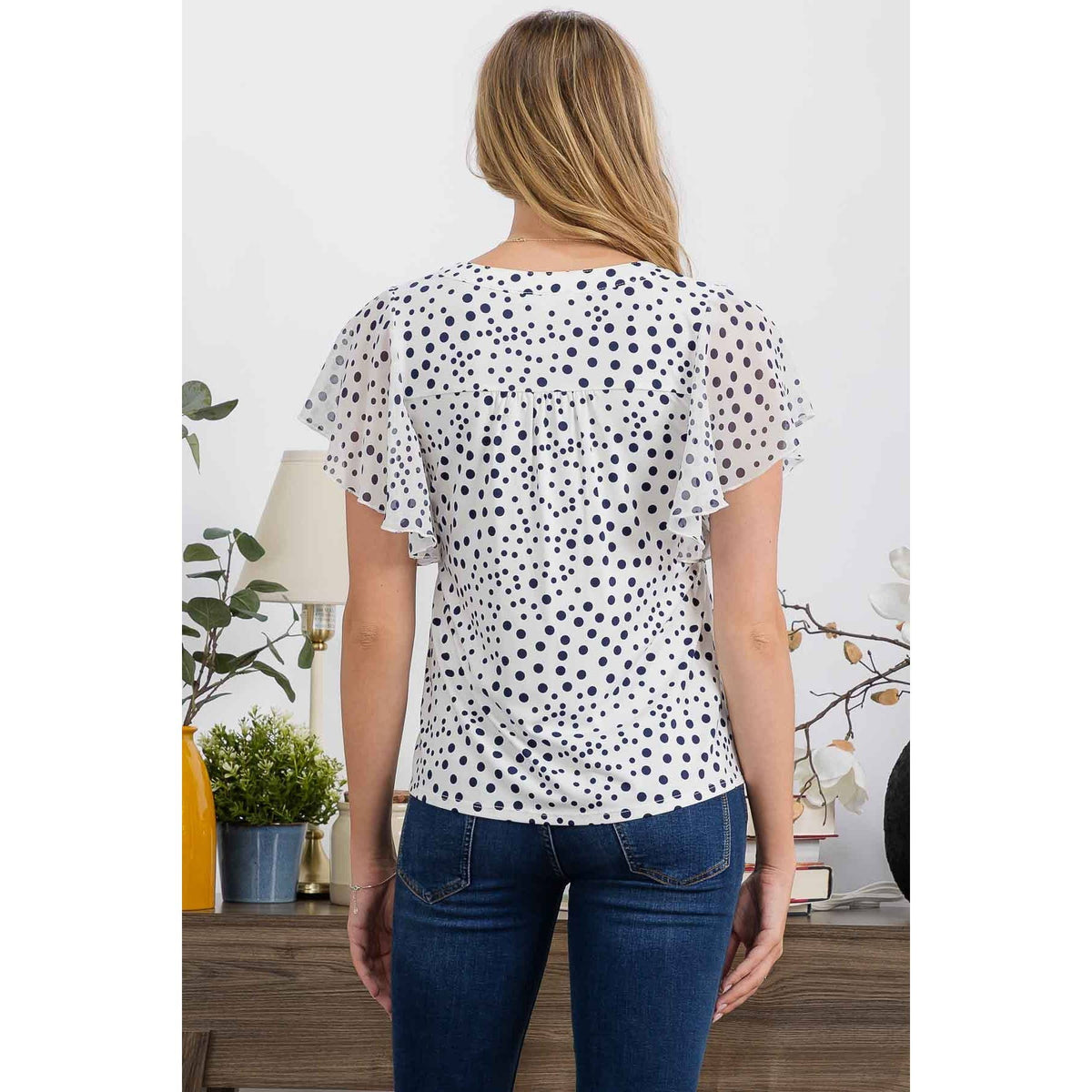 Polka Dot Printed Peasant Top