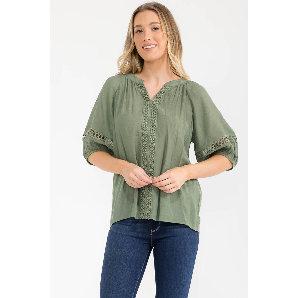 Gauze Split Neck Peasant Top
