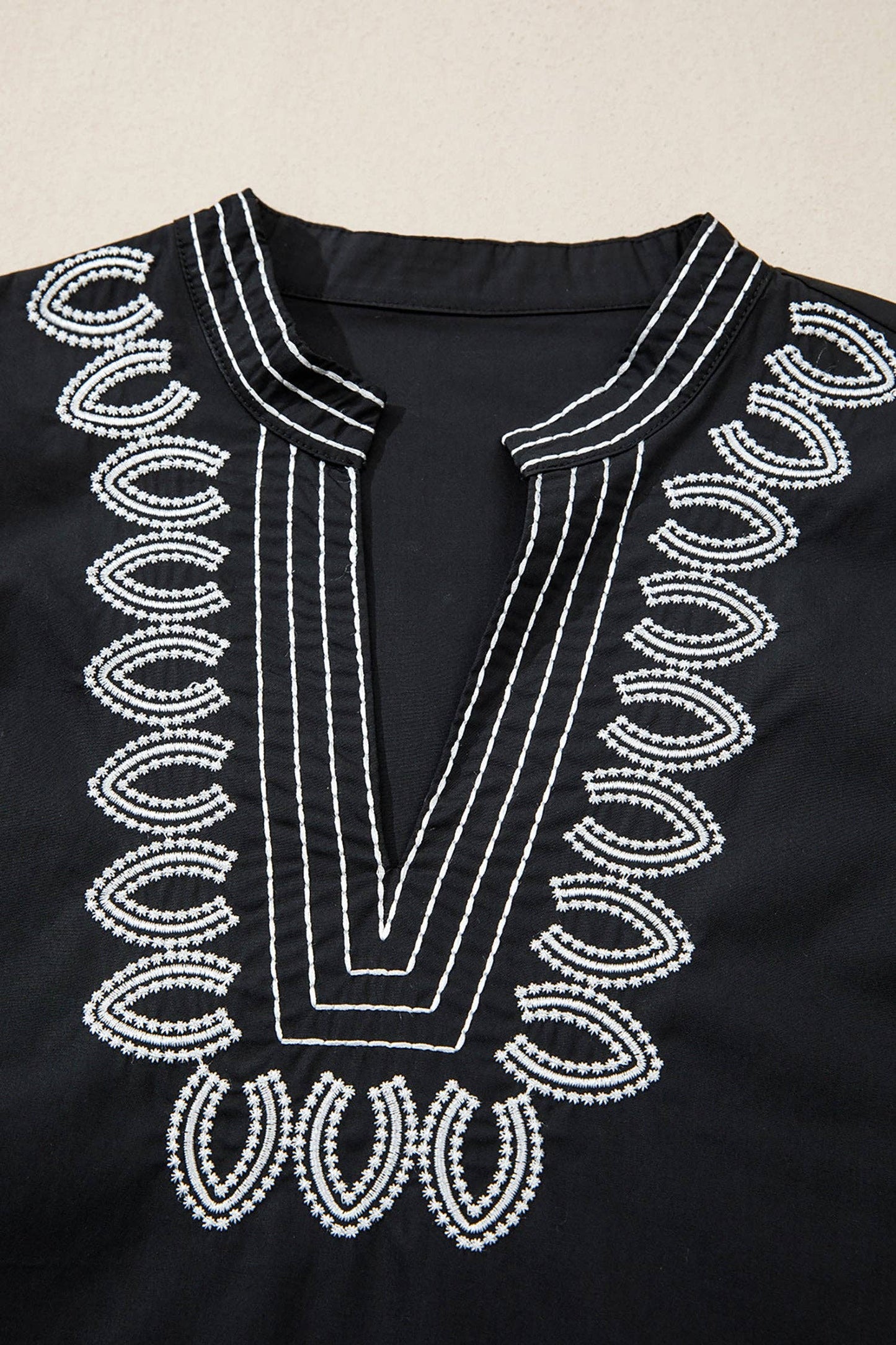 Embroidered V Neck Short Puff Sleeve Top