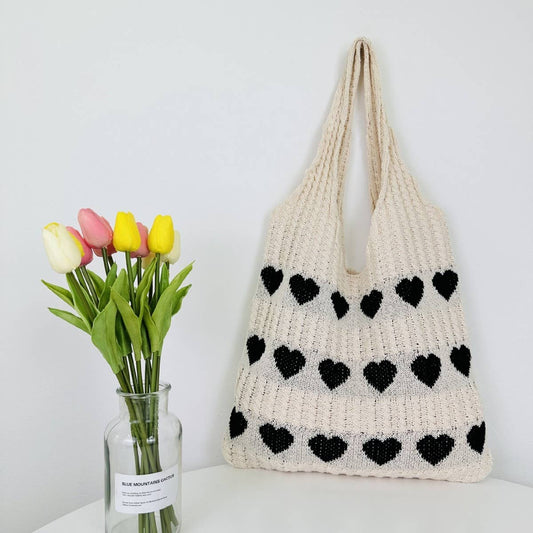 Cream Heart Knit Tote
