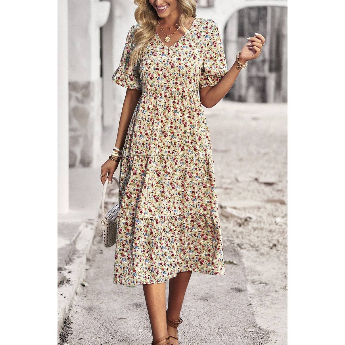 Boho Floral Short Sleeve Midi Dress