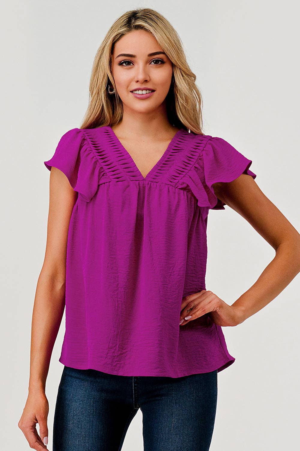 Pleated Detail Flutter Sleeve Top