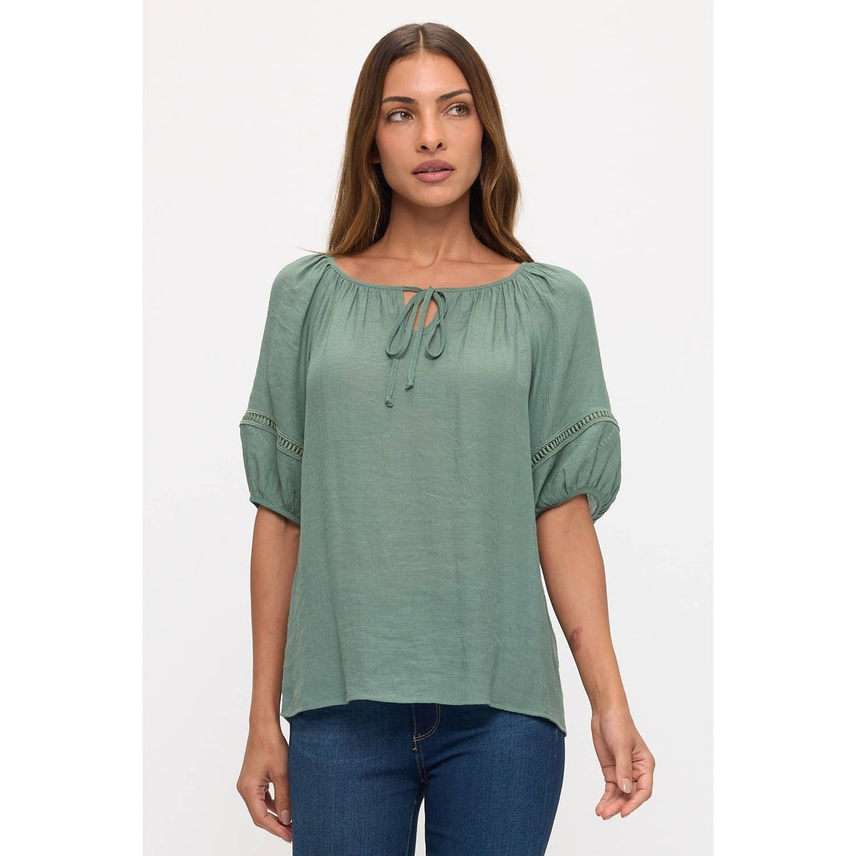 Crochet Trim Tie Neck Top