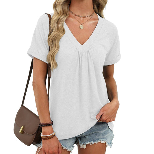 Pleated V Neck Short Sleeve Top