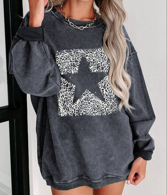 Leopard Star Corded Grey Sweatshirt