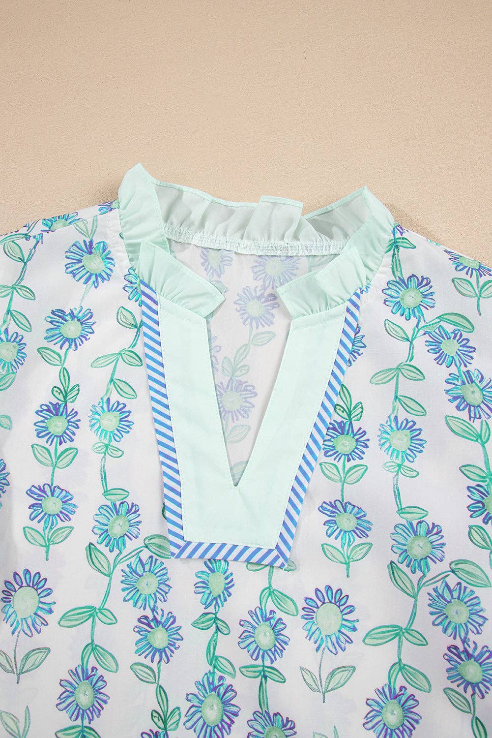 Stripe Trim Ruffle Sleeve V Neck Top