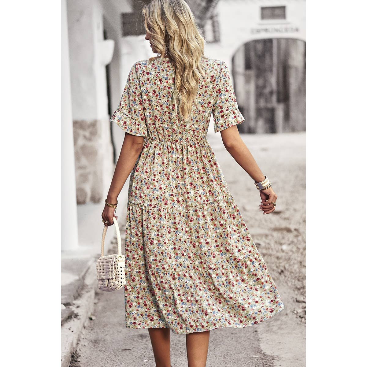 Boho Floral Short Sleeve Midi Dress