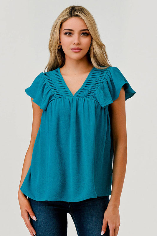 Pleated Detail Flutter Sleeve Top